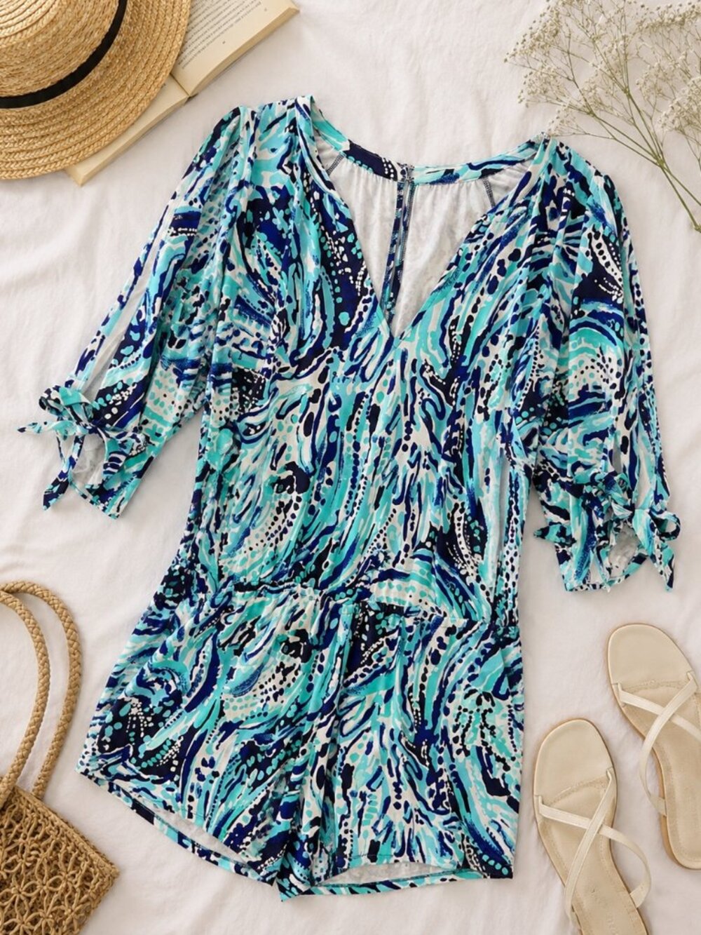 Lilly Pulitzer Blue Green Swirl Print Cold Shoulder Romper Size Small Resort